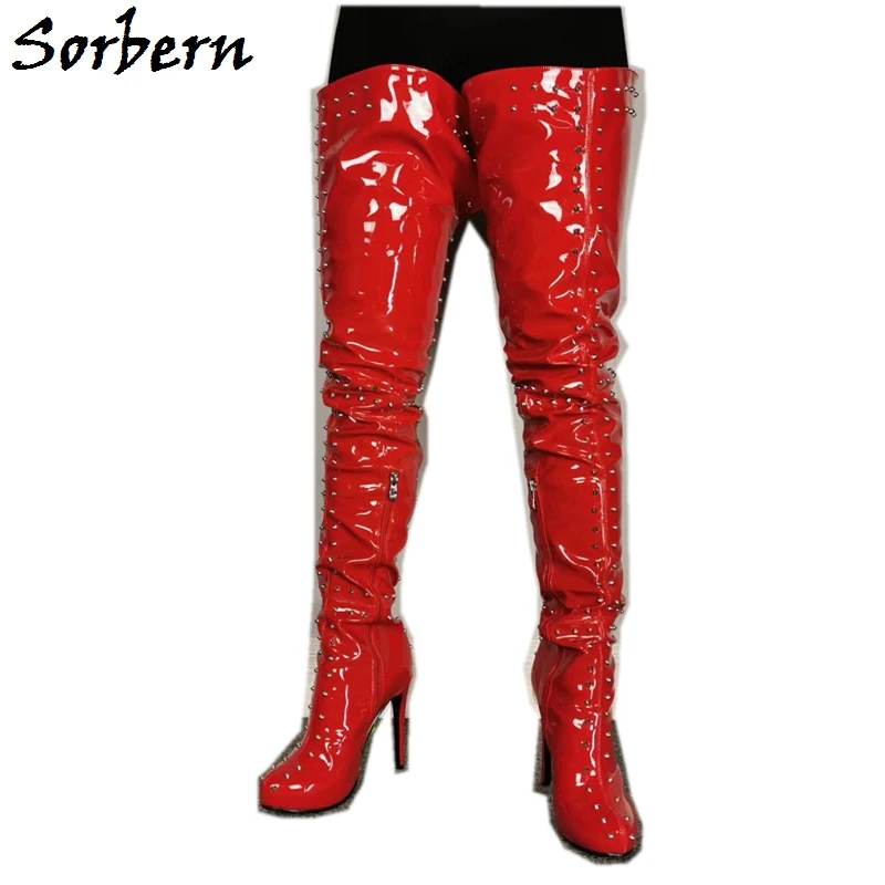 thigh high red patent boots