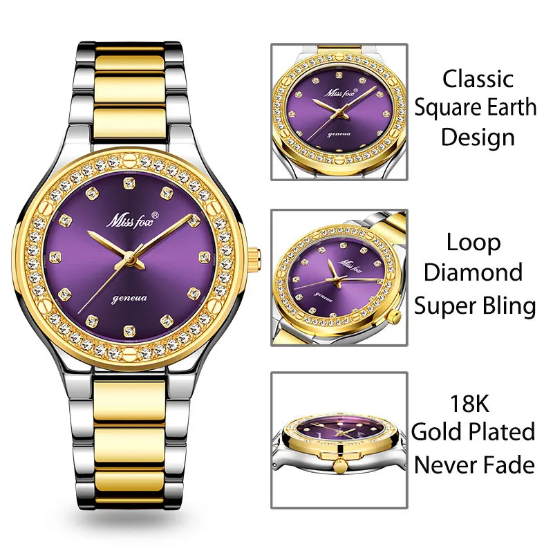 MISSFOX женские часы брендовые роскошные часы женские бриллиантовые Модные фиолетовые Geneva 18 К Золотые женские часы женские кварцевые часы