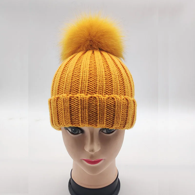 yellow Детские вязанные шапки-бобы с натуральным мехом лисы и енота, 15 см, зимние детские повседневные Шапки с помпонами для мальчиков и девочек - Цвет: yellow