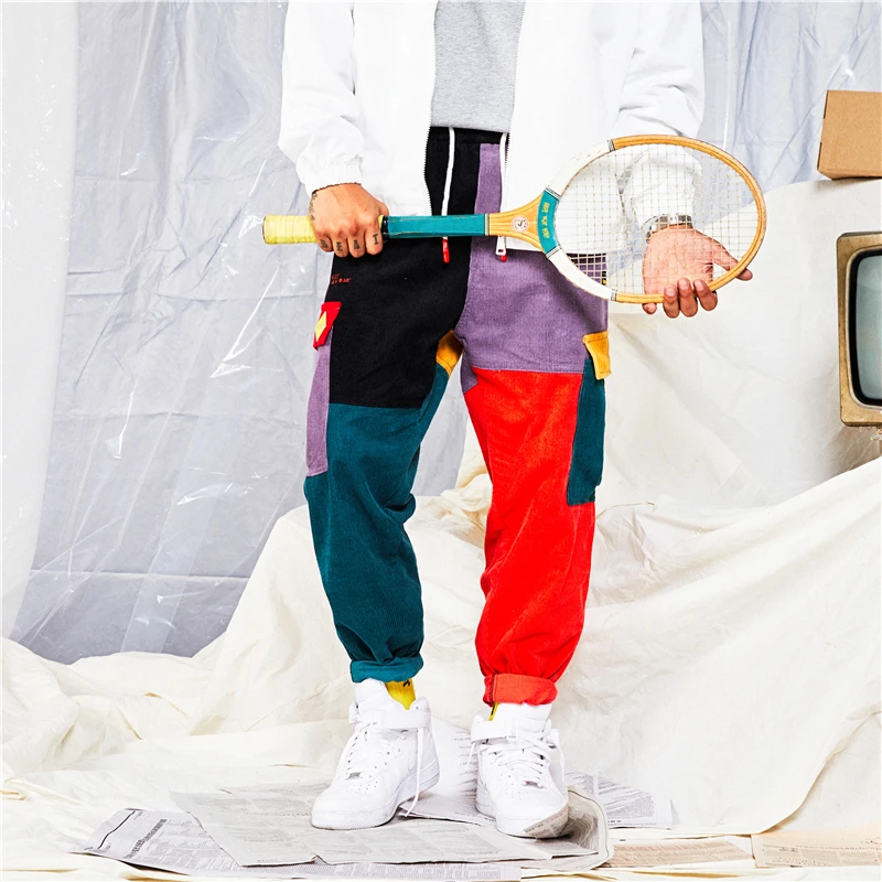Модные мужские шаровары Харадзюку спортивные штаны хип-хоп уличные брюки мужские вельветовые лоскутные брюки карго с карманами
