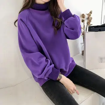 

Women Winter Warm Plus Velvet Pullover Hoodies Solid Plus Size Sweatshirts Fake Two Pieces Turtleneck Hoodies Top