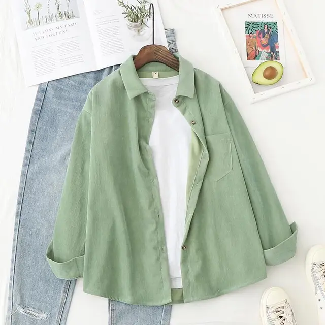 woman shirts 2021 Spring New Retro Corduroy Shirt Women's Coat Hong Kong Style Ins Loose Corduroy Long Sleeves Outer Match Green