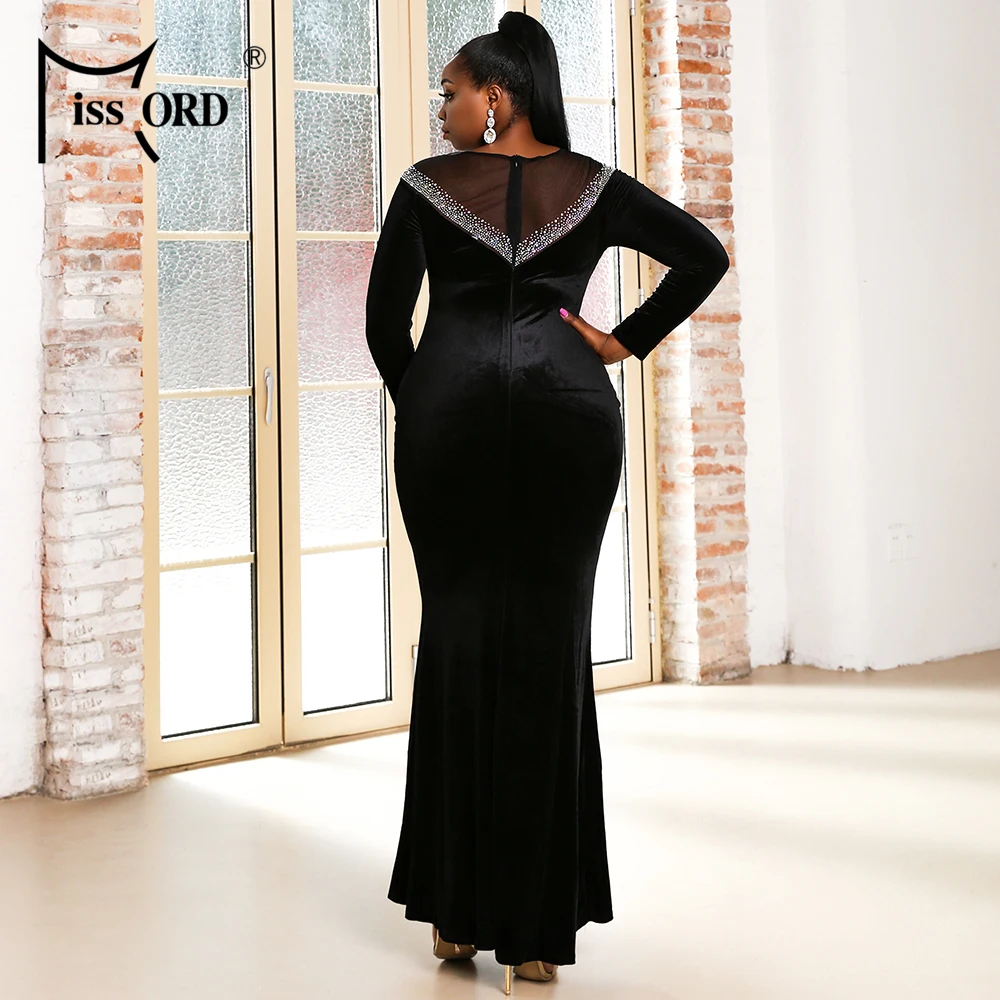 Missord 2021 Women Plus Size Dresses Maxi Sequins Velvet Sexy Evening Prom Party Bodycon Long sleeve Vestidos Elegant Black