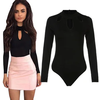 

Bodysuit Women Sexy O Neck Long Sleeve Hollow Out Clubwear Bodysuits For Ladies Balck Back Zipper Woman Romper Jumpsuits 2020
