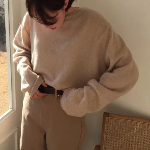 Milk tea color Neploe/женский свитер в стиле ретро с длинными рукавами и круглым вырезом; вязаный пуловер; свободный однотонный джемпер; ; сезон осень-зима; мягкий свитер средней длины; s54377 - Цвет: Milk tea color