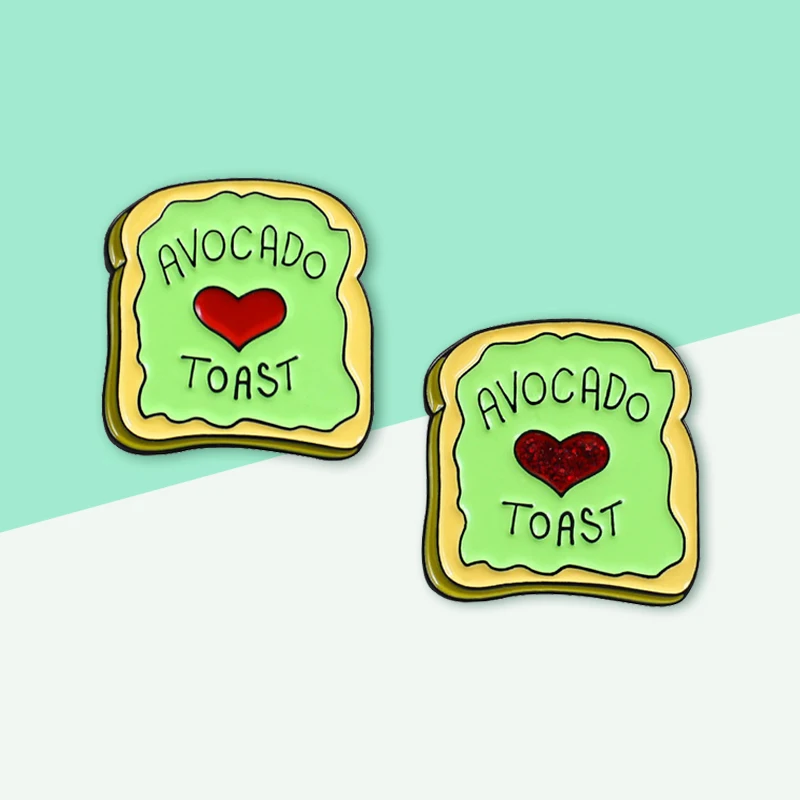 

Funny Cartoon Green Enamel Pins Avocado Bread Toast Red Heart Shape Breakfast Friends Badge Gift Jewelry