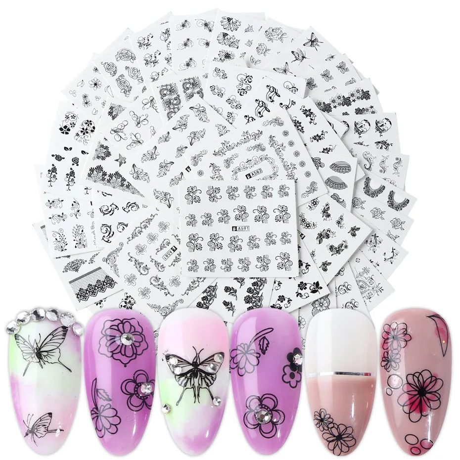 

40pcs/Set Black White Flowers Stickers For Nails Mix Designs Leaves Butterfly Music Water Decal Slider Nail Art Wraps BEA577-616
