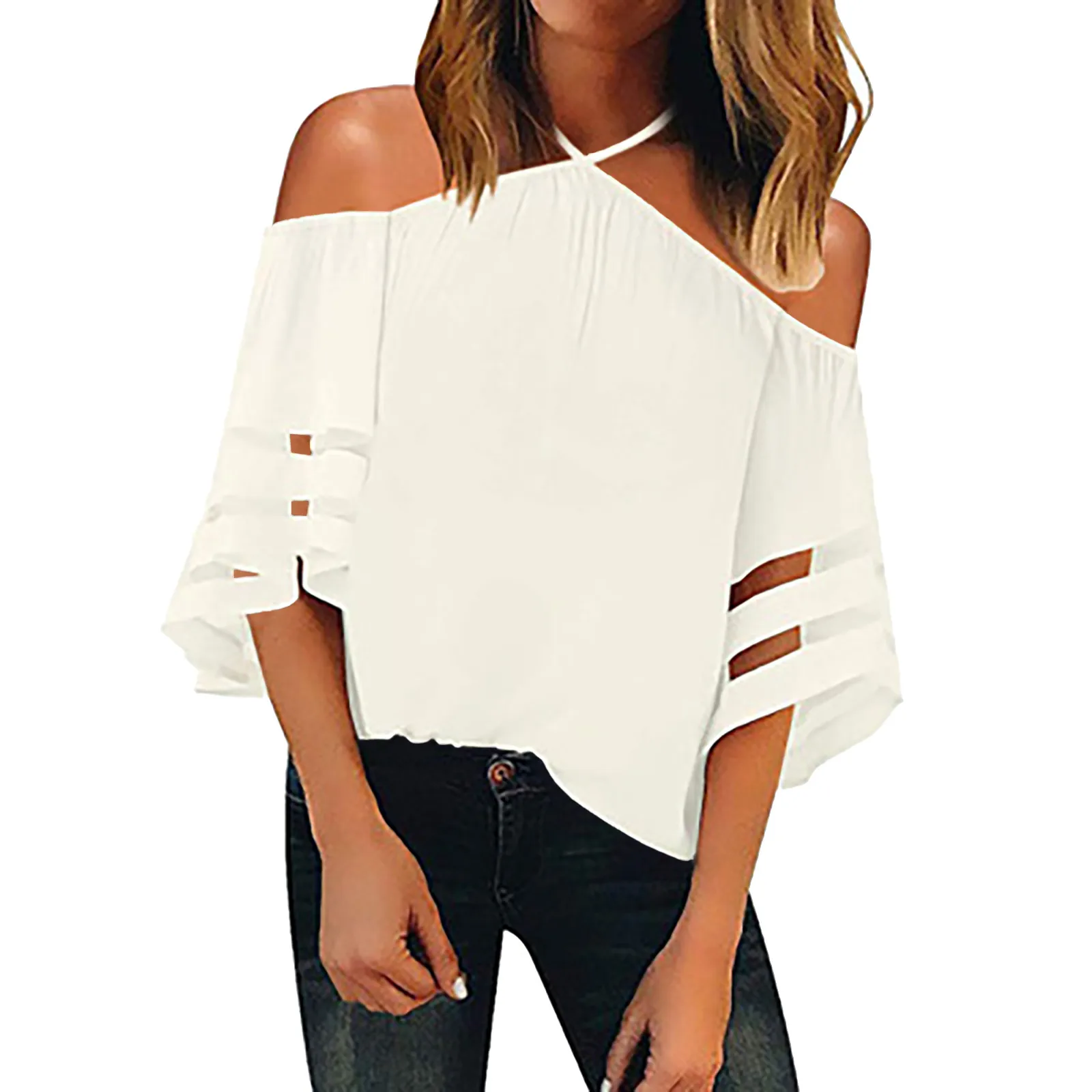 summer Autumn halterneck off shoulder top black sexy top women Loose Solid Color Organza Stitching Chiffon Top T Shirts#g3 1
