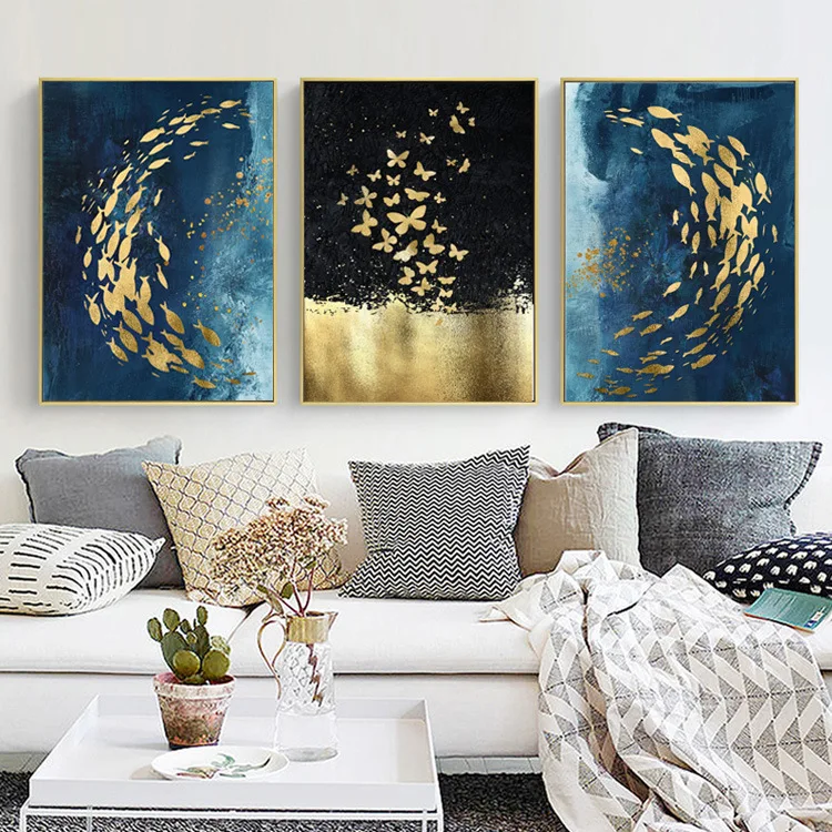 

HD Home Decor Nordic Blue Modern Light Luxury Painting Gold Foil Fish School Abstract Frameless Wall Art Picture