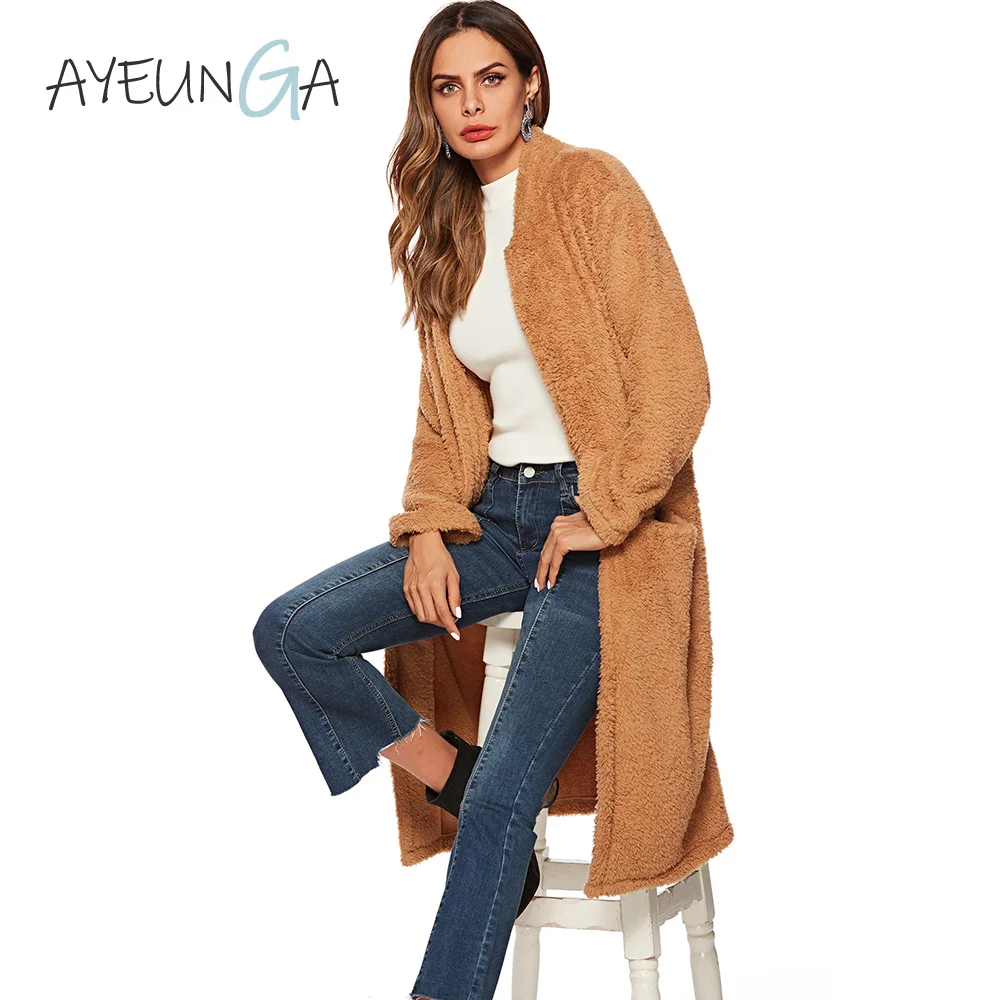 

Long Women Winter 2019 Coats Casual Wide Warm Autumn Palm Coat Office Outwear Cardigan Sexy Loose Autumn Lapel Pockets Overcoats