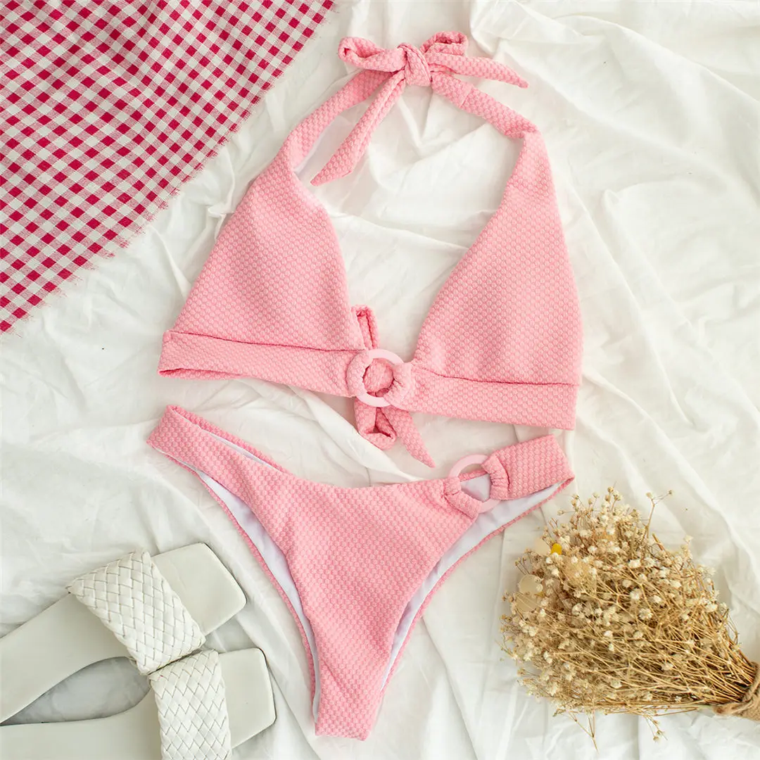 Sexy 2020 Halter Pink Bikini Women Swimwear Female Swimsuit Two-pieces Bikini set Mid Waist Bather Bathing Suit Swim Lady V2424