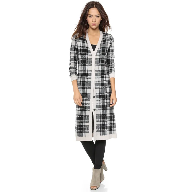 

Classic Black Sweater Plaid Knit Long Shirt V-neck Placket Button Long Sweater 2019 V-Neck Cardigans Sweaters Women
