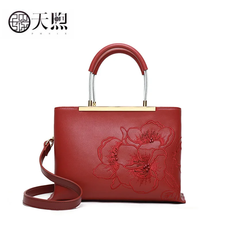 

Pmsix high quality fashion luxury brand handbags women 2020 new temperament shoulder bag leather red embroidery large capacity s