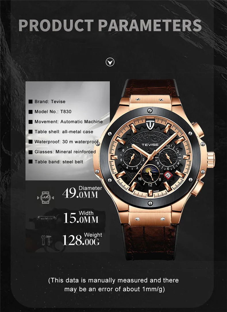 New Fashion Luxury Brand Sports Men Black Rose Gold Watches Men's Military Waterproof Leather Automatic Mechanical Watch Male