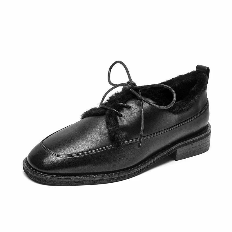 Black BeauToday/Женская обувь на плоской подошве из мягкой овечьей шерсти с квадратным носком на шнуровке; Женская обувь в стиле Дерби из натуральной кожи; ручная работа; 21442 - Цвет: Black