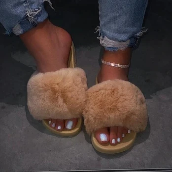 

Women Furry Fur Slides Indoor Home Slippers Woman Fluffy Flip Flops Ladies Home Shoes Female Flats Shoes Chanclas 2020
