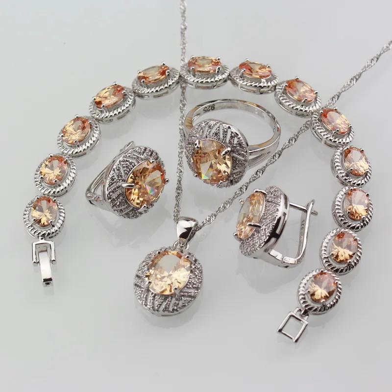 Champagne Cubic Zirconia Vintage Jewelry Sets Silver Color Clip Earrings/Pendant/Bracelet And Ring For Women Gift | Украшения и