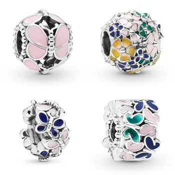 

2020 Real 925 sterling silver Pink Butterfly Arrangement Clip Charm Fit pandora bracelet Flower Bouquet Charm DIY jewelry