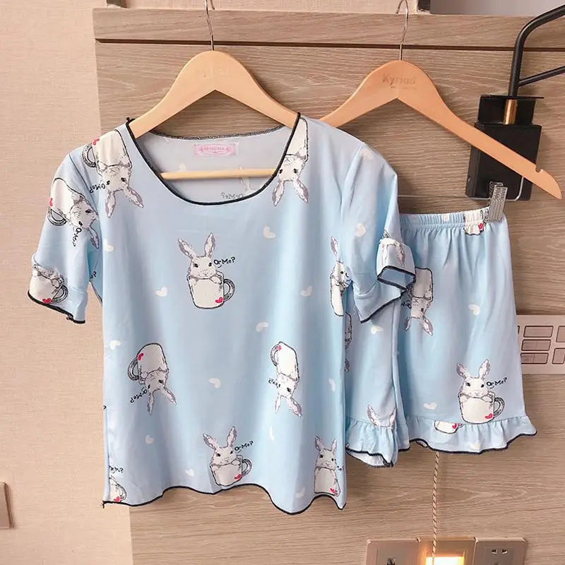 Cute Women Cartoon Kawaii Sleepwear Summer Print T-shirt Tops+ Elastic Waist Casual Loose Shorts Pajama Sets Home Clothing