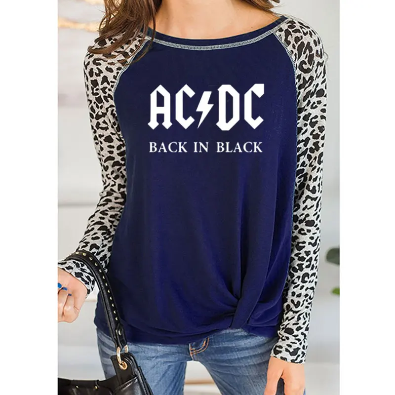 Группа acdc рок футболка женская ACDC с буквенным принтом футболки хип хоп Рэп музыка осень леопард длинный рукав тонкий круглый вырез