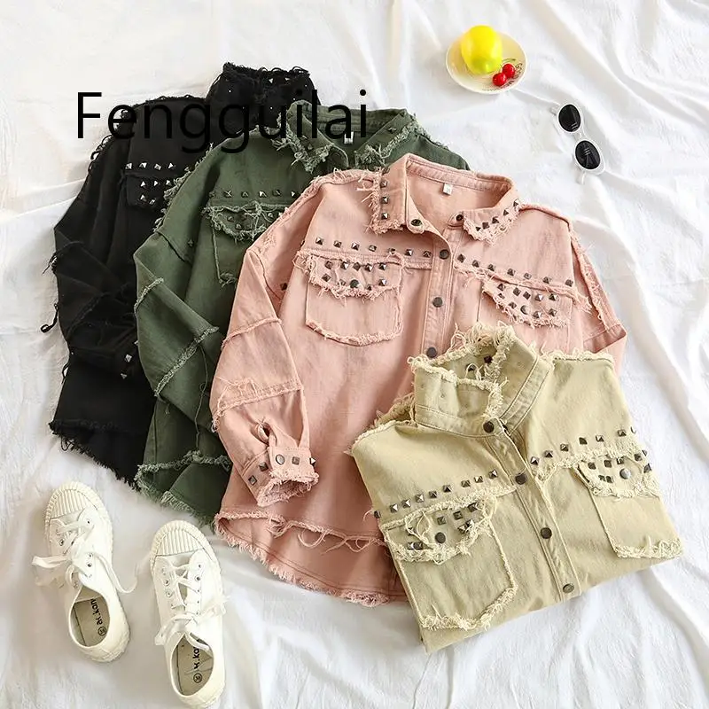 

Spring Studded Frayed Women's Denim Jacket Long Sleeve Women's Jackets Large Size Outerwear Irregular jeans jacket Streetwear