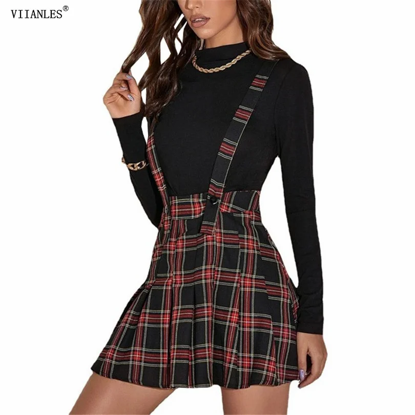 

VIIANLES Girls Women High Waist Pleated Mini Skirt Slim Waist Casual Fashion Mujer Solid Red Black Plaid Sexy Skirts Dropship
