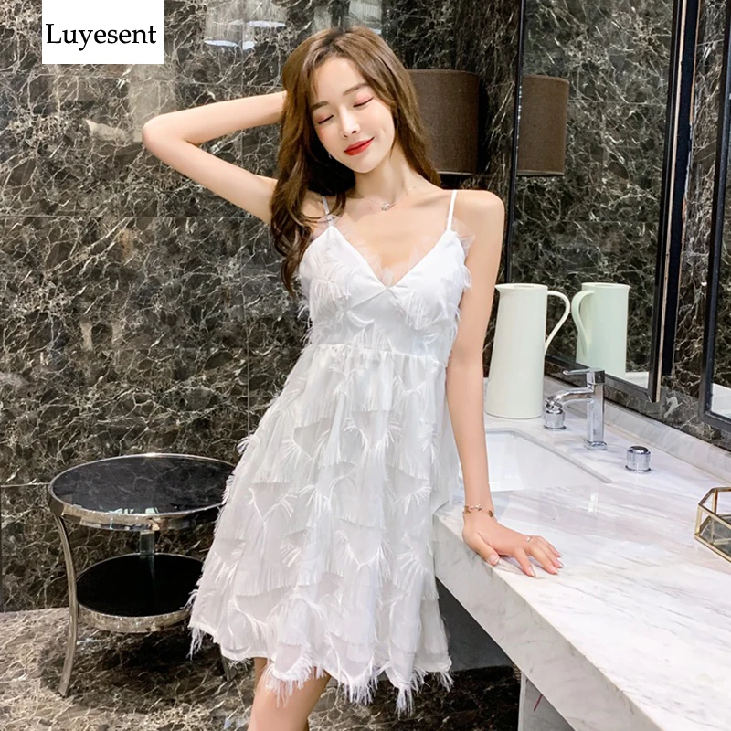 Women Black White Tassel Vintage Club Party Sexy Dress Female Spaghetti Strap Backless Sleeveless Deep V Neck Beach New Vestidos
