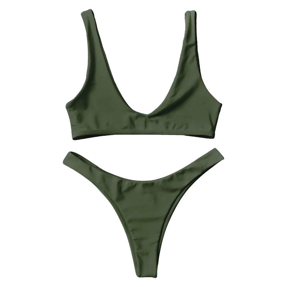 ZAFUL женский набор сплошной цвет с высоким вырезом совок набор для грифа из двух предметов набор пляжной одежды повседневные наряды женский укороченный топ - Цвет: Army Green