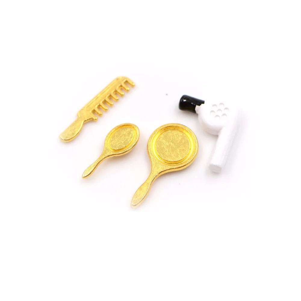 4pcs Set 1/12 Dollhouse Miniature Practical Bathroom Accessory Comb Hair Dryer Mirror Model Building Kits Kids Toys