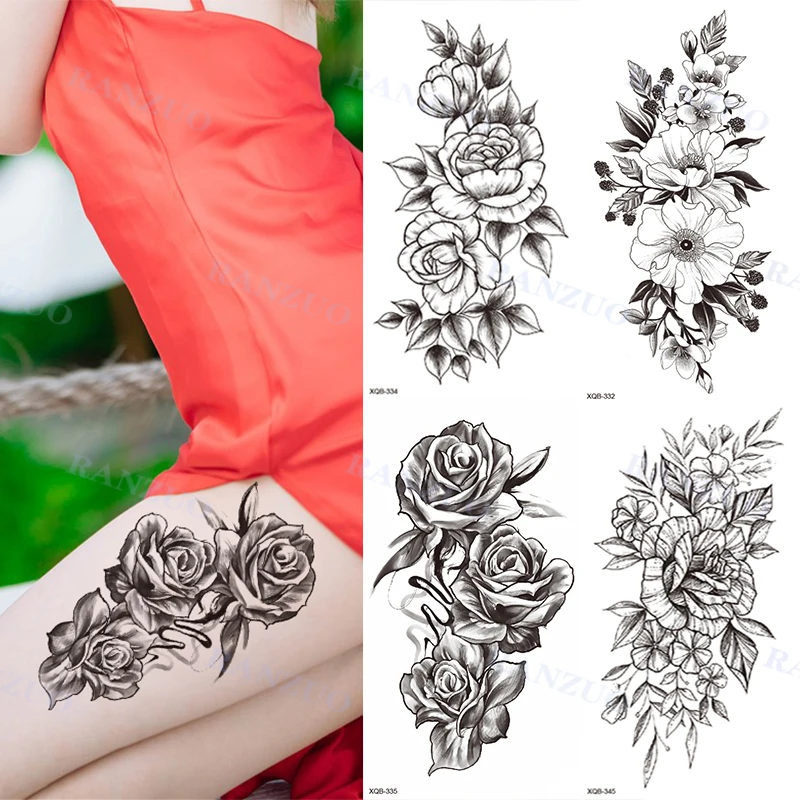 Waterproof Tattoo Sticker Temporary Tattoo Black Rose Tattoo Leg Chest Arm Tattoo Man Woman Tattoo Skin Tattoo Art Tatouage TaTy top chest straps punk cupless bra top leather harness belt body bondage fashion chest straps black studded rivet cropped