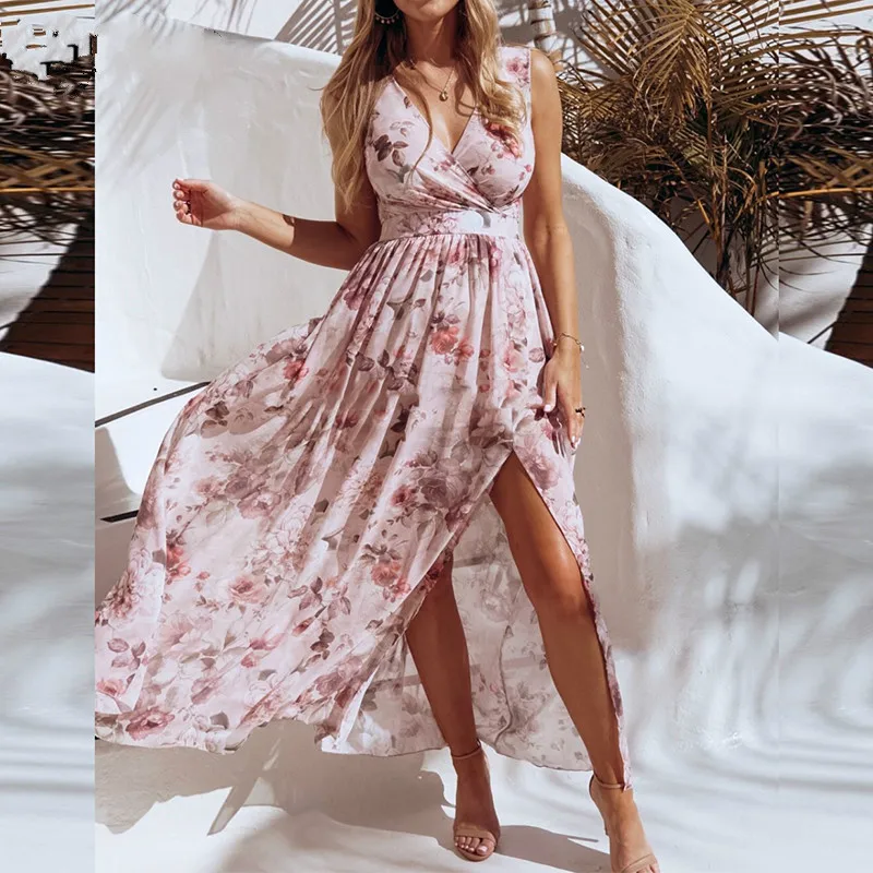 NEDEINS Women V Neck Split Dress Floral Print Long Summer Spaghetti Strap Party Pink Chiffon Elegant Casual Maxi Dresses Beach