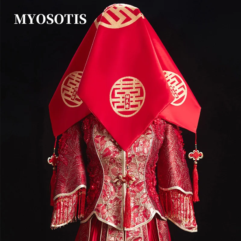 Newest Chinese Vintage Red Hijab Bride Veil Shawl Wedding Blusher Veils Hijab with Ruyi Pendent