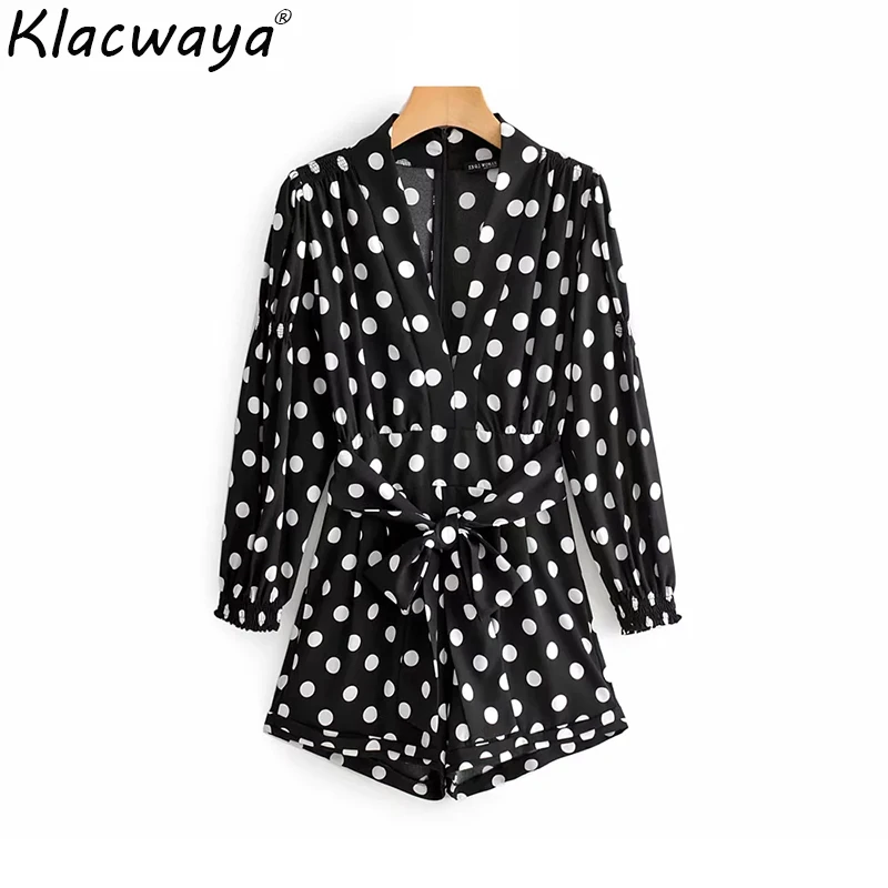 

New black women polka dots print jumpsuits with belts chic girls boho jumpsuit feminine 2019 fashion ladies elegant midi rompers