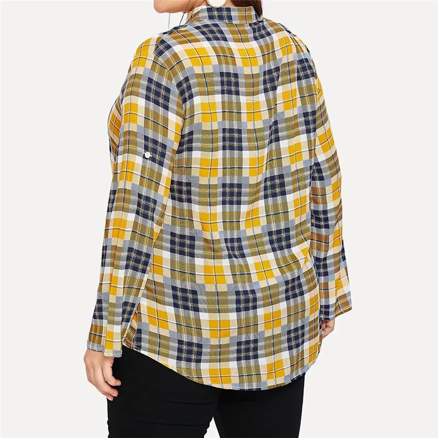 Женская Рабочая Юбка офисная модная женская Повседневная с длинным рукавом с v-образным вырезом плюс размер клетчатый принт Топы Lange Mouwen Chemisier женская рубашка