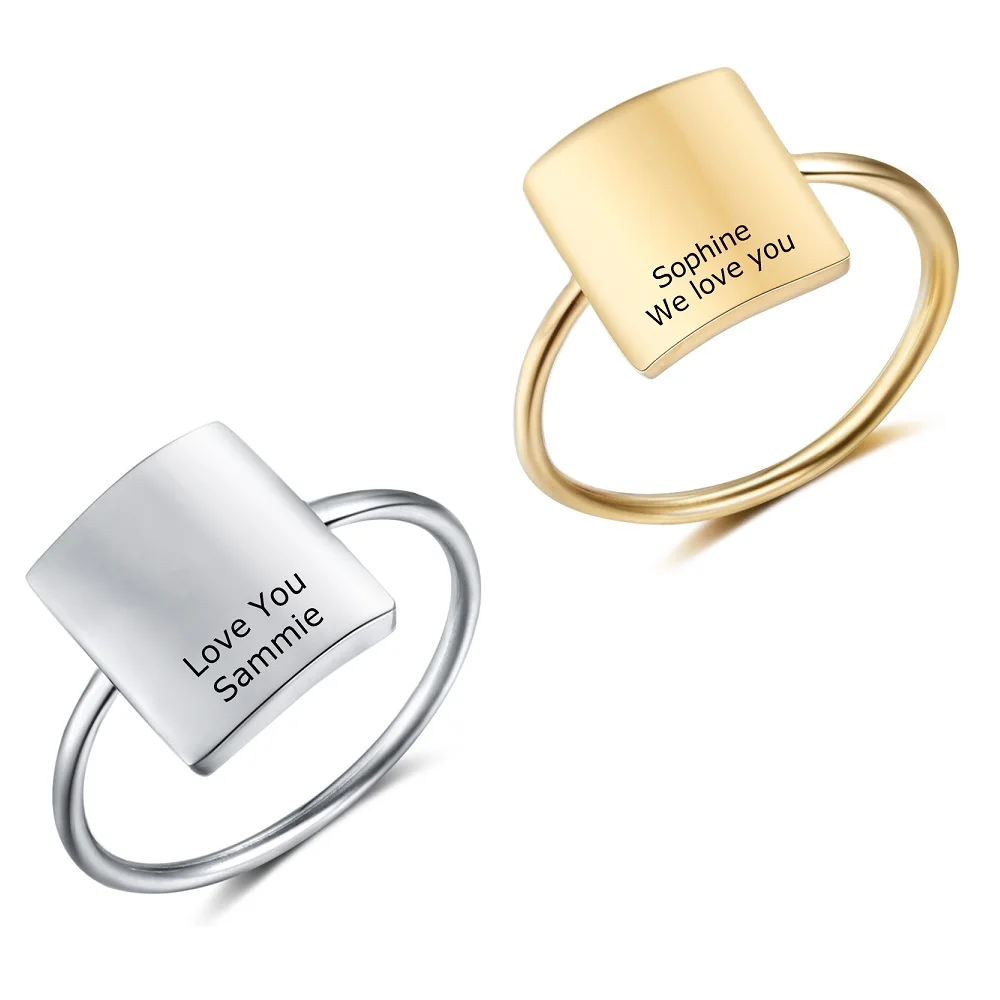 

Personalized Square Bar Rings Custom Engraved Name Stainless Steel Signet Ring for Women Engagement Wedding Gift Fashion Jewelry
