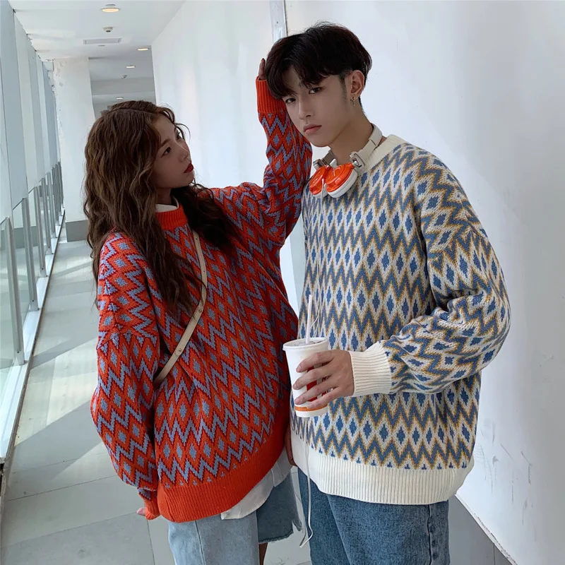 Autumn New Sweater Men Fashion Contrast Color Casual O-neck Knit Sweter Men Street Wild Loose Couple Pullover Clothes S-2XL