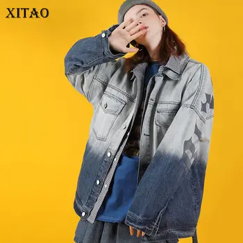 

XITAO Plus Size Hit Color Letter Print Jacket Women Clothes Spring New Fashion Tide Turn Down Collar Pocket Coat Top DMY3540