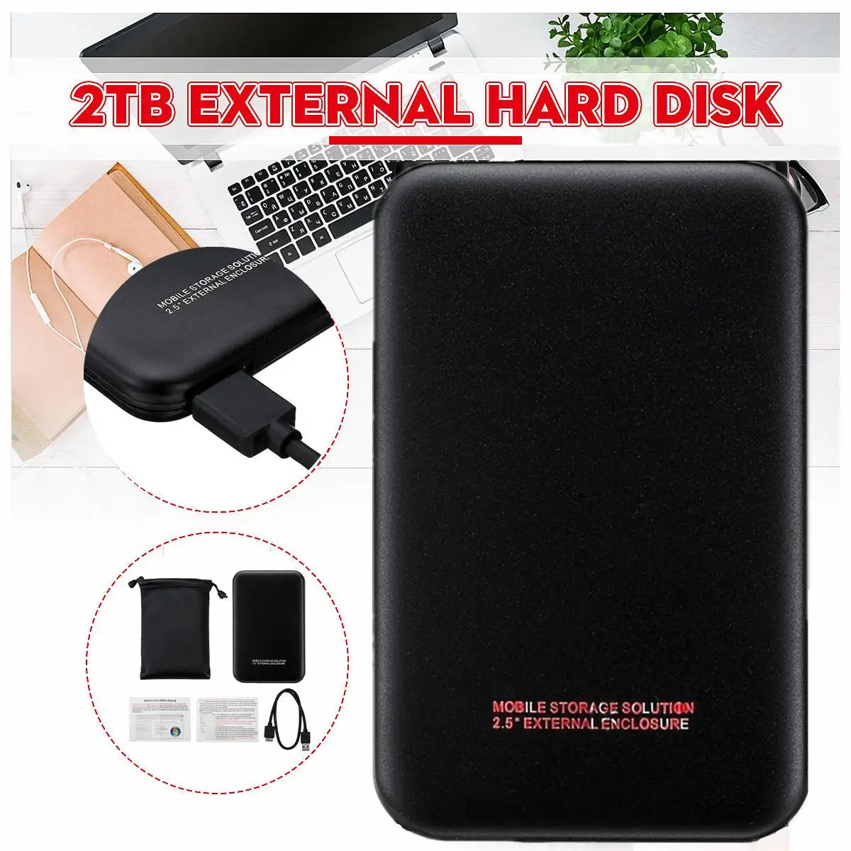 Disco Duro mecánico de 1 TB/2 TB USB 30 de alta eficiencia con 1 Cable USB compatible con HDD/SSD d