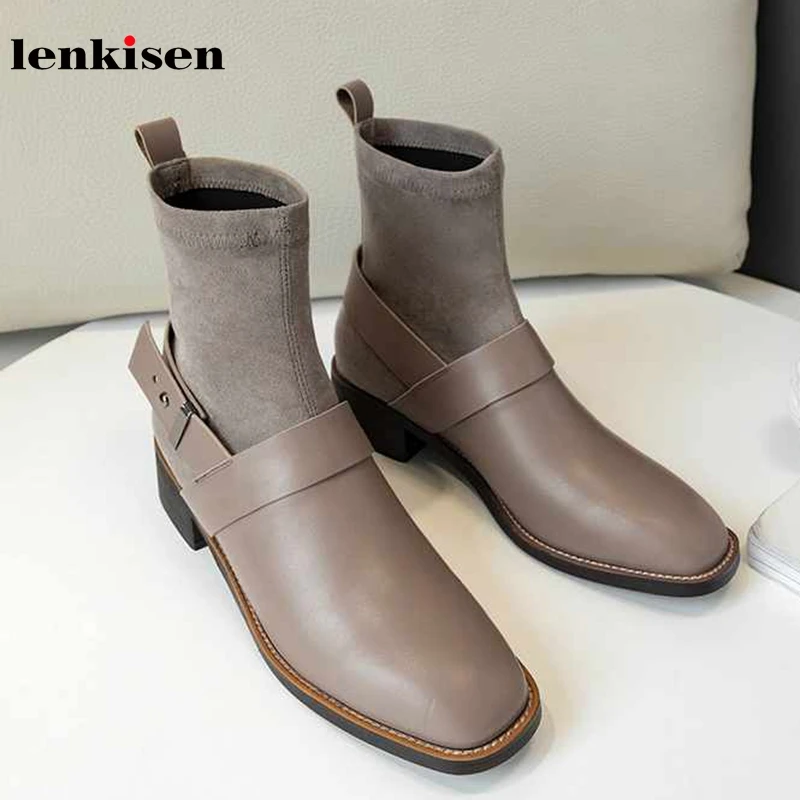 

Lenkisen real cow leather stretch flock socks boots round toe med heels buckle straps winter warm women punk ankle boots L57