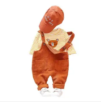 

2020 Autumn Toddler Infant Clothing Sets Baby Girls Clothes Suits Rainbow Color Stripe T Shirt Bib Overall Pants Child Costume