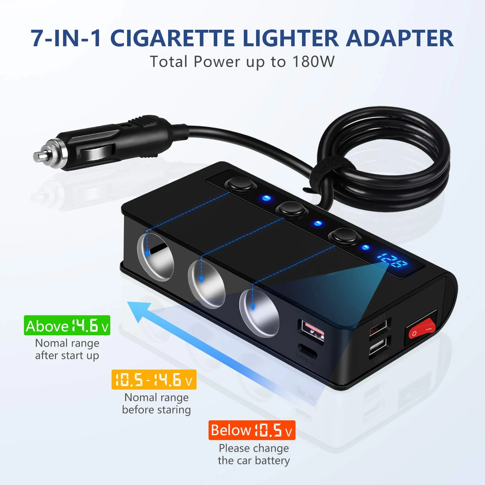 VR robot Fast PD Type-c QC 3.0 Car USB Charger 180W 12-24V Cigarette Lighter  Adapter 3-Socket Car Splitter with ON/OFF Switch