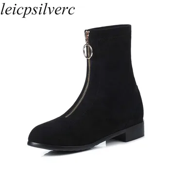 

Women Boots Autumn Winter Low Heel Warm Flock Round Toe Zip Ankle Stretch Hosiery Boots Thick Heel 2019 New Sexy Fashion Black