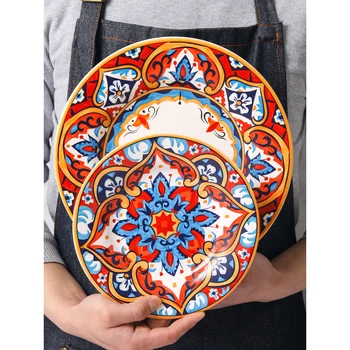 

Fashion Household Underglaze Ethnic Style Large Steak plate dinner plater set tableware Salad Fruit Plate and Dish sets