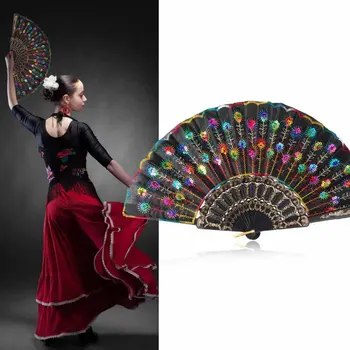 

Chinese Folding Peacock Hand Fan Bead Fabric Decor Colored Embroidered Flower Black Pattern Cloth Folding ztou