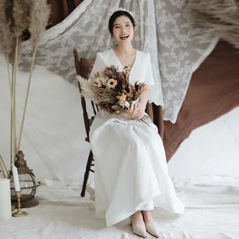 

Vintage Simple Wedding Dresses Satin Bridal Gown 2019 Deep V-Neck Tea Length Half Sleeves Elegant Retro Bride Vestidos De Novia