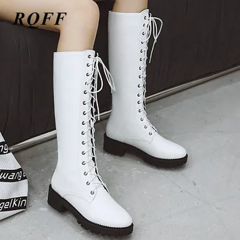

Plus Size 43 Knee-High Boots Women 2019 New Autumn Winter Fashion Platfdorm Med Square Heels Shoes Woman Lace-Up Round Toe Boot