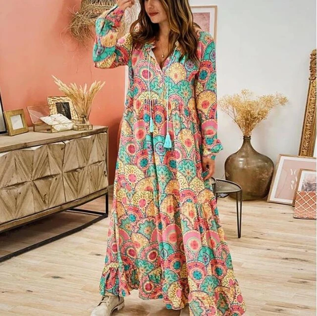 Clothes Vestidos Boho Hippie Chic Verano Bohemian Tassel Long Sleeve V Neck Print Loose Maxi Dress 2020 Vintage Dress - Dresses - AliExpress