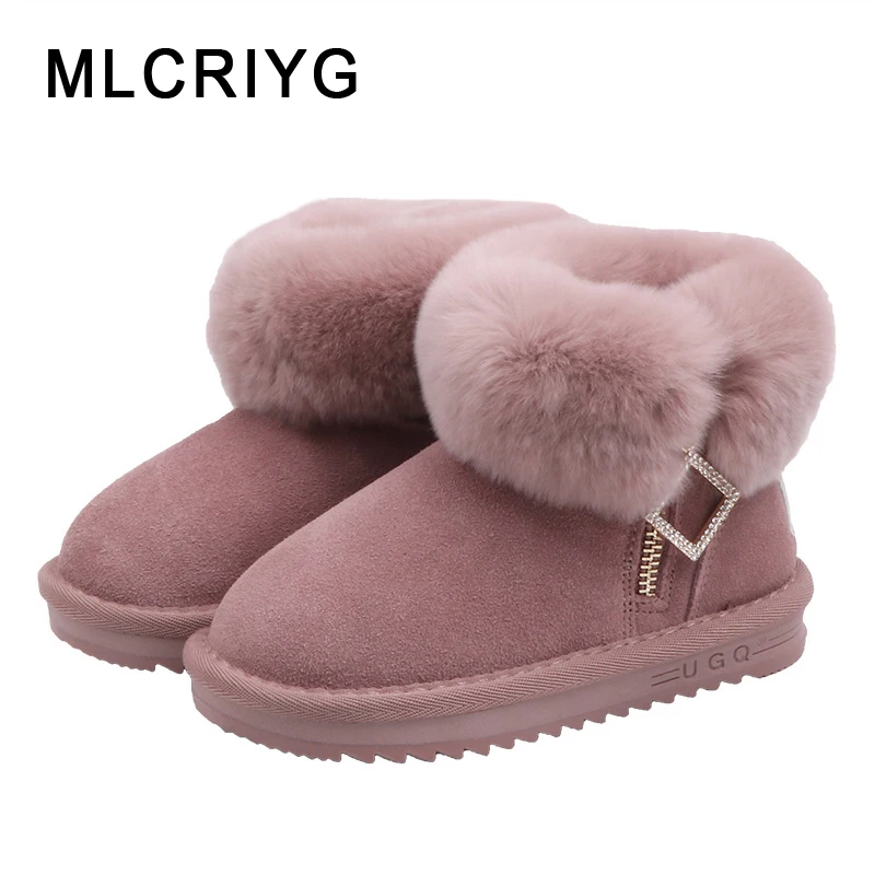 

Winter Kids Snow Boots Baby Girls Rhinestone Ankle Boots Children Warm Genuine Leather Shoes Toddler Fur Black Brand Boots New