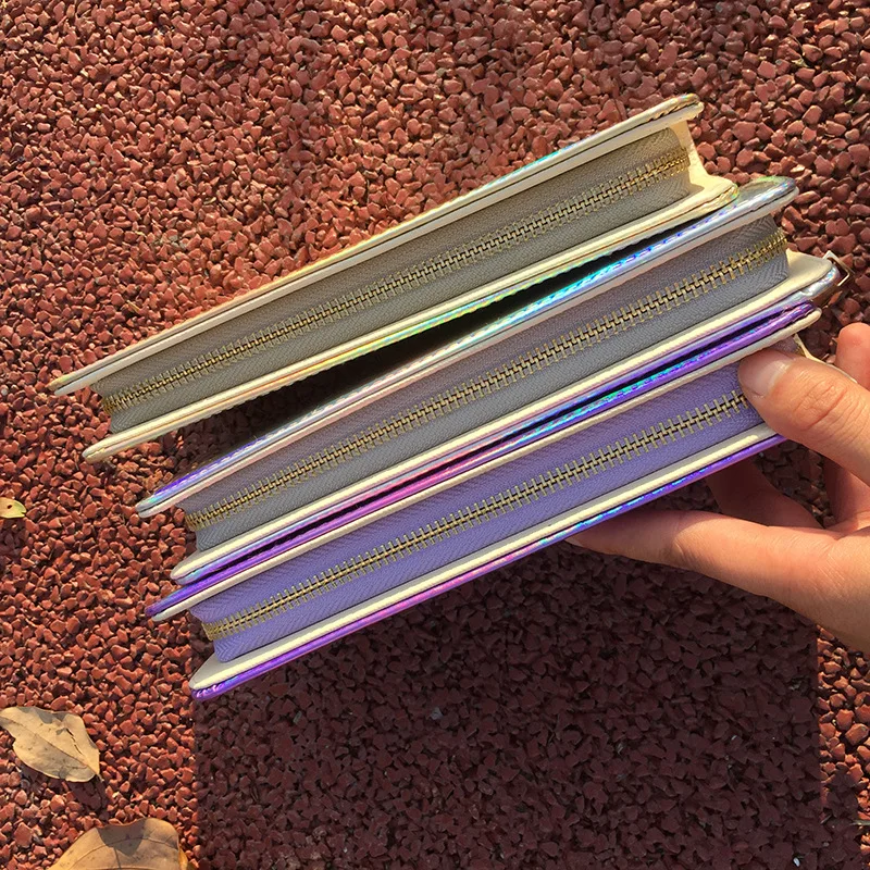 Hologram Silver Zipper Clutch Wallet Women Long Wallets Money Purse Female Slim Wallet Organizer Card Holder Phone Coin Purse