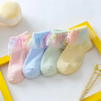 

Baby Girls Ankle Short Princess Fashion Knitted Hollow Net Breathable Socks Lace Frilly Colorful Ruffle Socks Children Socks